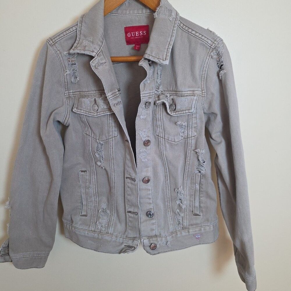GUESS Denim Jacket Distressed Cotton Denim Coat Tan Small Grunge Street Y2K